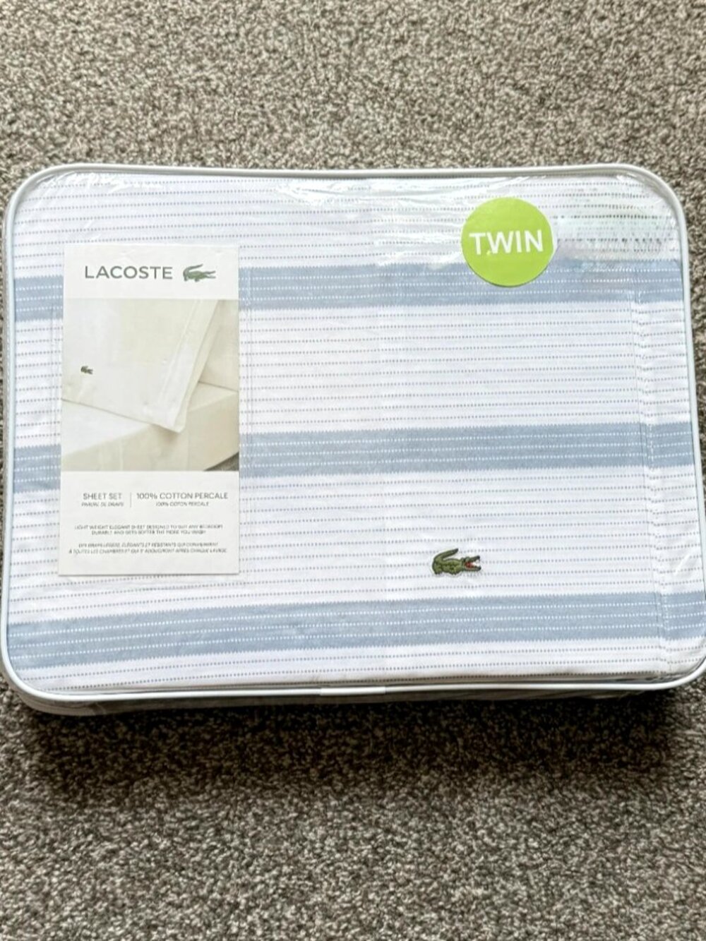 Lacoste 100% Cotton Percale Twin Sheet Set Striped Blue White 3-Piece NWT